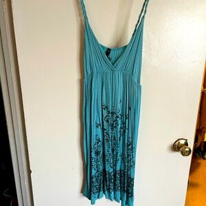 Blue Spaghetti strap Dress with Black Floral/scroll Design